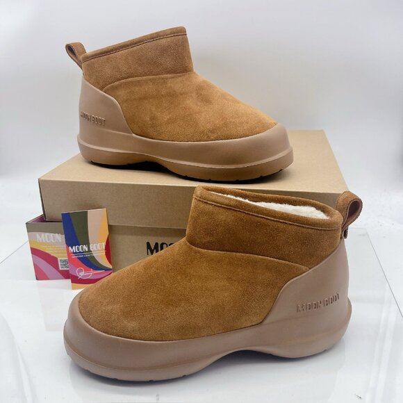 Moon Boot Luna Low Faux Shearling Lined Boots Platform Cognac Suede EU 38 US 7 - Picture 3 of 14